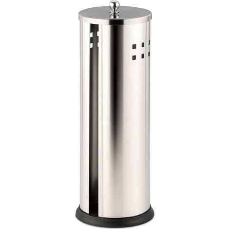 Relaxdays Toilet Roll Storage, 3 Rolls, HxD: 37 x 14.5 cm, Stainless Steel, Standing Reserve Holder, Silver
