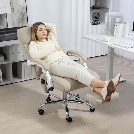 Fauteuil de bureau massant inclinable à dossier haut avec chauffage lombaire, repose-pieds et roulettes, 66 x 70 x 112-120 cm, beige (1/5)