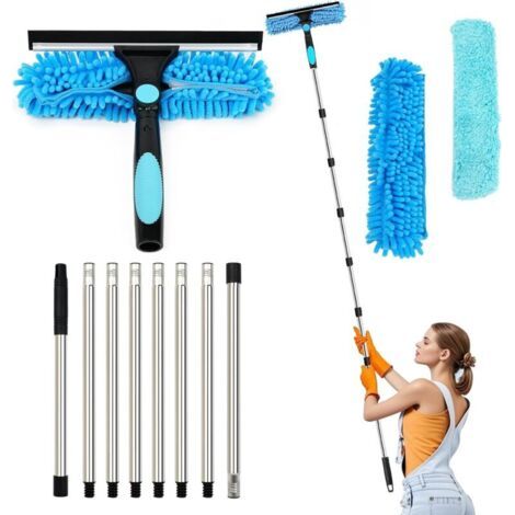 3,1M Nettoyeur de Vitre 3-en-1 Kit Nettoyage Vitre avec Raclette en Silicone et Brosse en Microfibres, Raclette Vitre Professionnel, Lave Vitre Telescopique avec Tête Rotative 270° Bleu