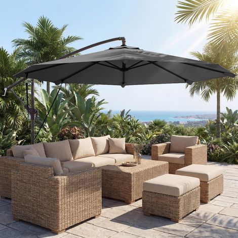 Parasol Déporté Parasol de Jardin Extérieur Double Cordes de Fixation et Housse de Protection Manivelle Gris Foncé