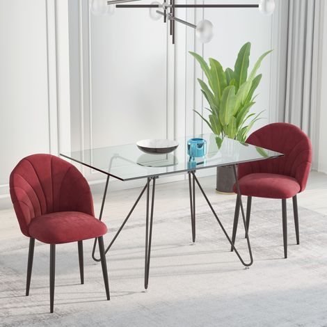 Ensemble de 2 chaises de salle à manger/cuisine, velours bordeaux, pieds en métal noir, dimensions 52L x 54l x 79H cm (1/5)