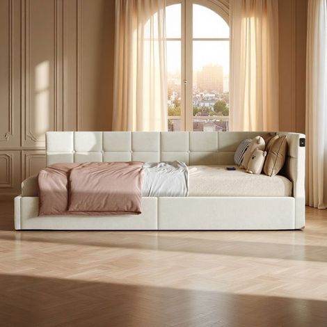 Sofá Cama Hidráulico - 90x200 cm - Crema - Almacenamiento LED RGB - Puertos USB/Tipo-C