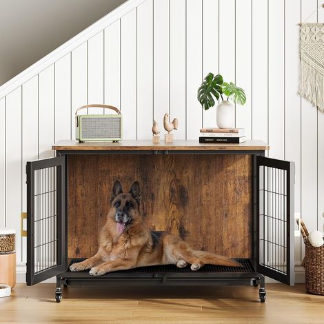 Cage pour Chien 95x56x65cm Meuble Cage Chien en Bois Moderne Interieur Multi-usages avec Double Porte pour Chiens Grande/Moyenne Taille Jusqua, Marron Rustique (1/5)