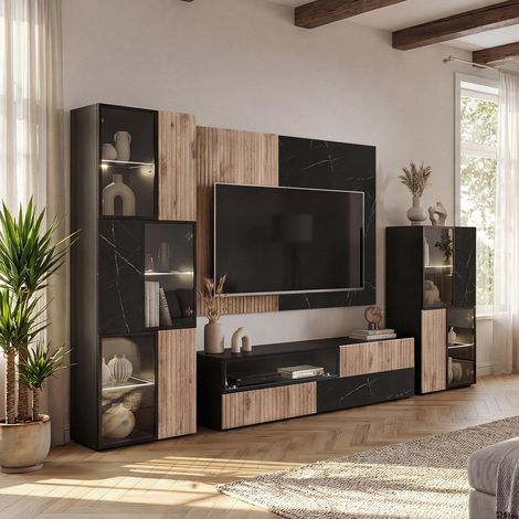 Ensemble Meuble TV Mural "Cannes II" 300cm Noir & Naturel (1/2)