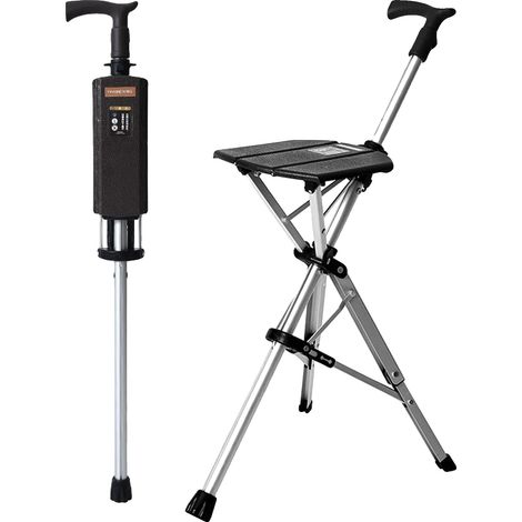Bastone da passeggio con sedile, altezza regolabile, design portatile, nero (1/2)