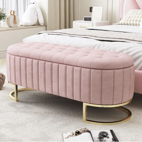 Banc de rangement 120 cm velours rose HAVRYA (1/4)