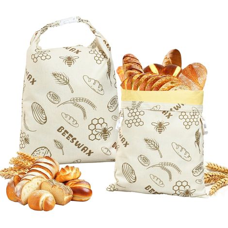 Juego de 2 bolsas reutilizables de algodón orgánico y lino para pan (43 x 33 cm), enceradas con cera de abeja, para pan casero y pan de masa madre. (1/5)