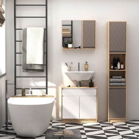 Mobiletto da bagno alto HOMCOM, colonna stretta con 2 ante e 2 ripiani a giorno, ideale per piccoli spazi, 30x24x170 cm, rovere e grigio.