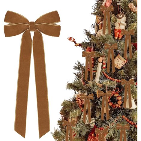 12 Noeuds en ruban de velours vintage, décorations de sapin de Noël, 5 pouces x10 pouces, ornements de Noël marron pour sapin, maison, fête, porte d'entrée, couronne, décoration festive (1/4)