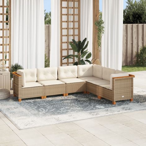 Ensemble Salon Jardin 6 Places Résine Tressée Beige avec Coussins Amovibles - Modulaire (1/4)
