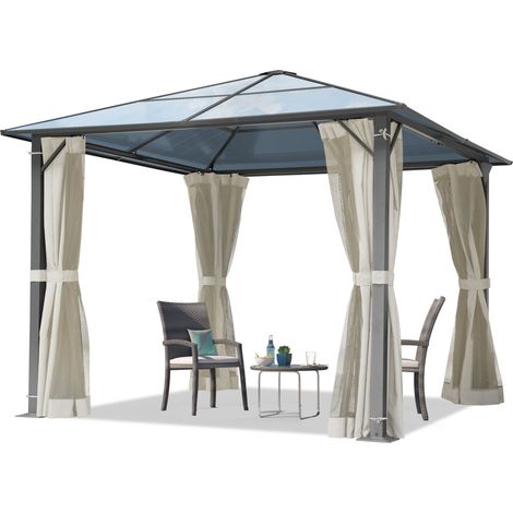 TOOLPORT Gartenpavillon 3x3 m Polycarbonat Dach ca. 6 mm - Hardtop Pavillon mit 4 Seitenteilen und Moskitonetzen in crème