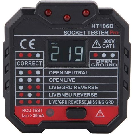 Probador de enchufes HT106D con enchufe europeo, pantalla de voltaje, detector de fugas multifuncional, 1 pieza (1/4)
