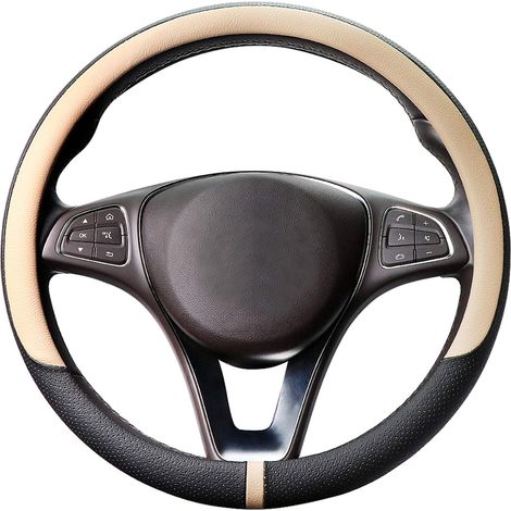 Microfibre Leather Steering Wheel Cover Breathable and Non-Slip with Central Marking M 37-38 cm Beige and Black (1/5)