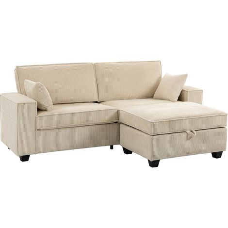 Canapé d’angle 3 places en velours côtelé beige avec ottomane de rangement, assise large à ressorts, gain de place pour salon moderne - CHICFURN (1/5)