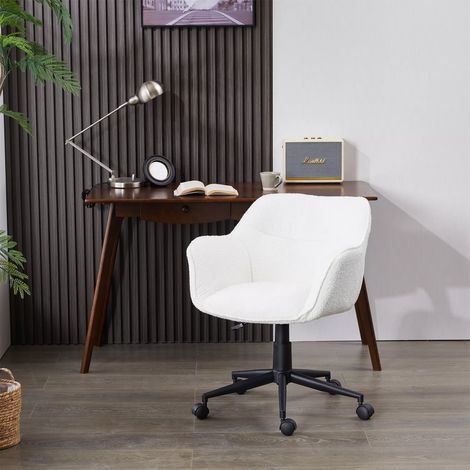 Office Chair Boucle Fabric Padded Swivel Armchair Mid-back - White (1/5)