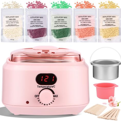 Chauffe cire epilation, kit epilation cire 5 paquets de perles d’épilation, 1 bol en silicone et 30 bâtonnets de cire, 10 applicateurs (1/5)