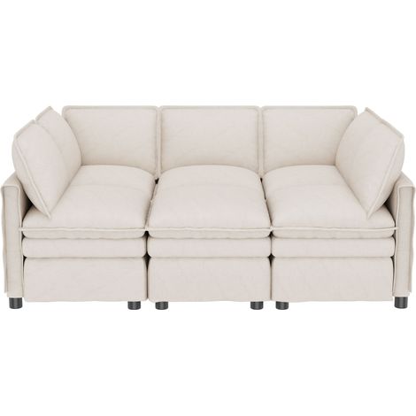 Canapé-lit XXL 344x127x91cm - 6 places - modulaire U/L - pouf mobile - double rembourrage - chenille - Beige (1/4)