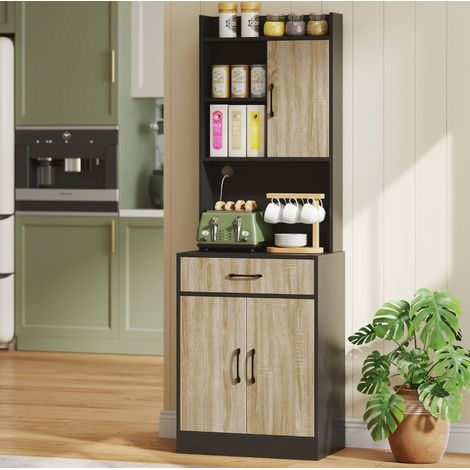 Küchenschrank 60 x 40 x 180 cm in Naturholzoptik und Schwarz mit offenem Fach, Schublade und Arbeitsfläche (1/5)