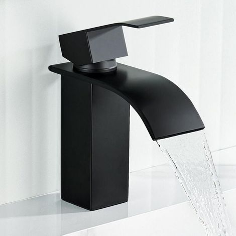Grifo de lavabo de baño tipo cascada negro, grifo de lavabo de baño negro (altura del caño 20,5 cm), grifo de lavabo de baño tipo cascada negro (agua fría y caliente) (1/4)