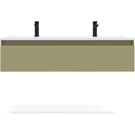 Meuble de salle de bain suspendu double vasque intégrée 120cm 1 tiroir Vert olive - Hudson (1/5)