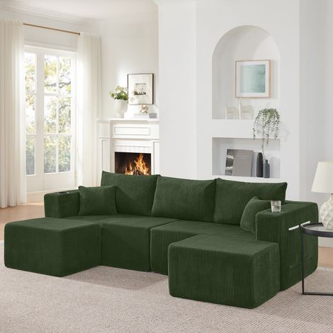 Canapé d'angle modulable 3 places vert 230x138x75cm, velours côtelé, poufs amovibles, porte-gobelets, coussins pour salon et appartement (1/5)