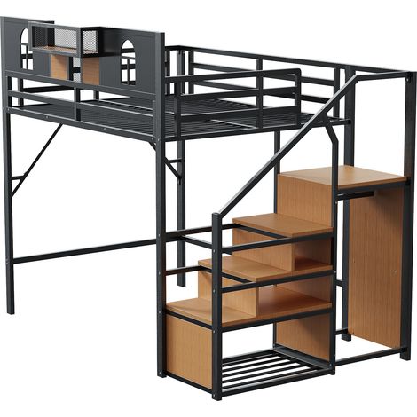 Lit mezzanine en métal 140 x 200 cm, avec escalier de rangement, fenêtre, panneaux en bois et treillis, garde-corps surélevé unique, tablette de chevet, cadre en métal robuste, noir (1/5)
