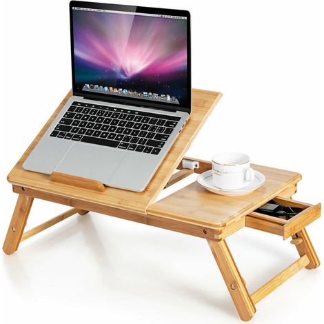 Table Laptop Portable En Bambou Réglable En Hauteur Et En Inclinaison Avec Tiroir Latéral Et Pieds Pliables - 53 x 33 cm - 1 Pièce