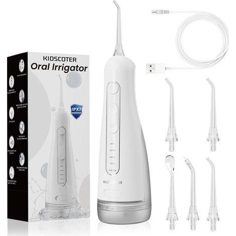 Hydropulseur dentaire avec réservoir d'eau amovible et lavable, 5 modes, rechargeable, sans fil, 300 ml, portable, étanche IPX7, pour la maison et les voyages, noir et blanc (1/5)
