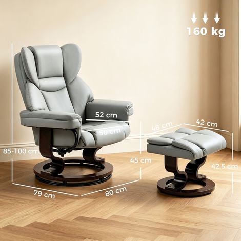 Fauteuil relax inclinable rotatif avec pouf intégré, dossier ergonomique haut, rembourrage mousse dense, piètement bois, teinte gris clair (1/5)