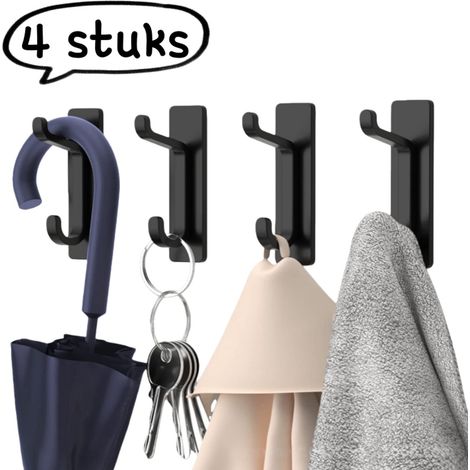 Ensemble de 4 patères en acier inoxydable 304, crochets muraux auto adhésifs sans perçage pour salle de bain, noirs (1/5)