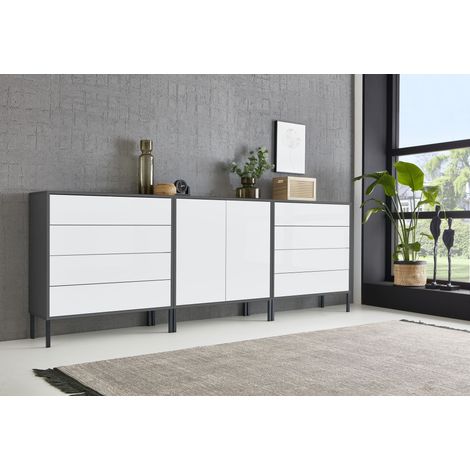 BMG Möbel Sideboard Mailand Set 4, grifflos, Metallfüße, Anthrazit/ Weiß (1/5)