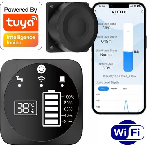 Détecteur d'inondation Wi-Fi 2,4 GHz – Capteur ultrasonique IP65 – Affichage LED – Alerte niveau liquide – Compatible Tuya Smart