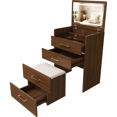 ELVMI Coiffeuse d'Angle 3-en-1 avec 3 Tiroirs, Miroir Rabattable et Tabouret, Chambre, MDF, 60 x 40 x 118 cm, Noyer (1/5)