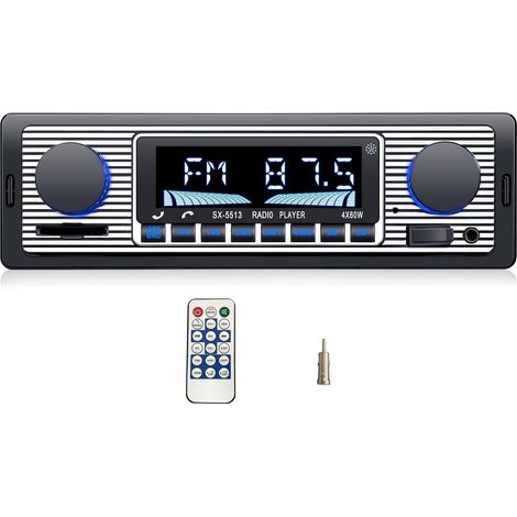 Autoradio Bluetooth 1 DIN, Poste Radio Voiture Bluetooth, Radio FM, Autoradio Vintage Télécommande,7 Couleurs LED La Lecture de Musique USB/MP3/WMA/WAV/SD/TF,4X60W,Port de Charge USB (1/5)