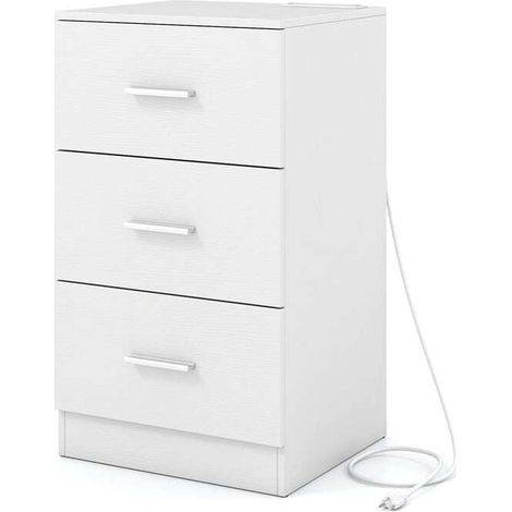 Table de chevet blanche en bois d'ingénierie avec station de recharge, 3 tiroirs et ports USB et Type-C, pour chambre