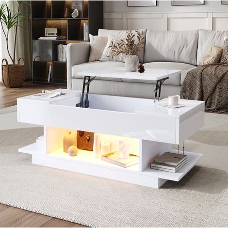 Table basse relevable 98 x 45 x 40 cm avec LED, 54,5 cm max, rangement, blanche HAVRYA (1/5)