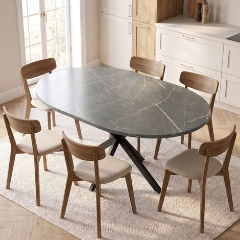 Table à manger extensible ovale pour 4 à 6 personnes, table de cuisine avec rallonge 100-135 cm, effet marbre noir (1/5)