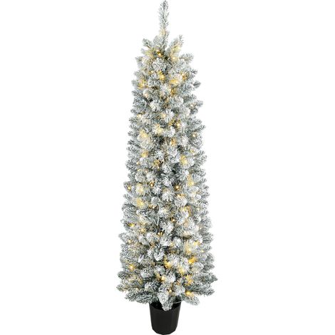 HOMCOM árbol de Navidad nevado con 150 luces LED, 150 cm, árbol de Navidad, 8 modos, 250 ramas, base tipo maceta, verde y blanco (1/5)
