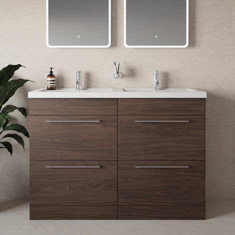 Napoli 390 Brown Oak 1200mm 4 Drawer Vanity Unit with Double Lucia Basins - 1200mm - Chrome 320mm Handle