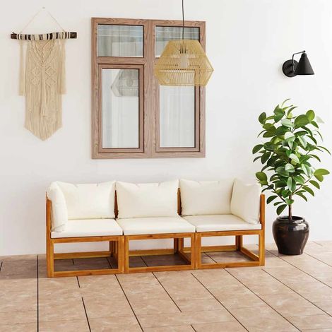 Canapé fixe 3 places de jardin Canapé relax - Banc de jardin avec coussin Crème Bois d'acacia BV734275 - BonneVie (1/5)