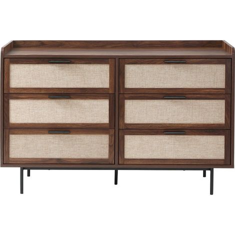 Calicosy – Commode enfant 6 tiroirs décor noyer – Façades en tissu beige – Dimensions L120 x P39,5 x H79 cm – Poignées et pieds métal noir