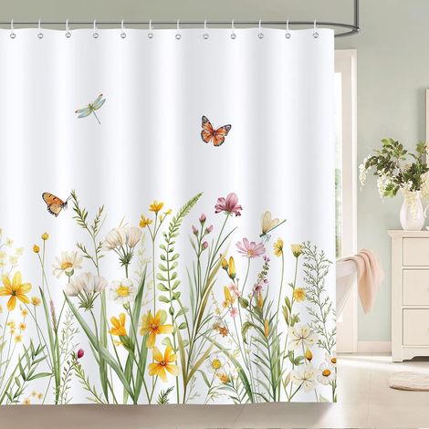1 Rideau de douche, Polyester imperméable, Motif floral, Papillon, 183 x 183 cm, Salle de bain