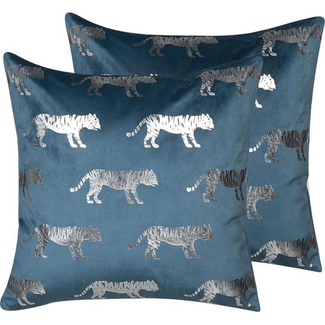 Conjunto de cojines decorativos de terciopelo azul estampado animal lámina 45 x 45 cm motivo de tigre decoración glamour Bluebell (1/5)