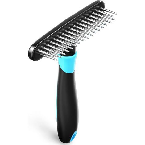 Brosse démêlante pour chiens et chats - Pâte pour sous-poil, poils courts et longs - Brosse pour la mue, double rangée de picots en acier inoxydable - Réduit la perte de poils de 90 % (Bleu) (1/5)