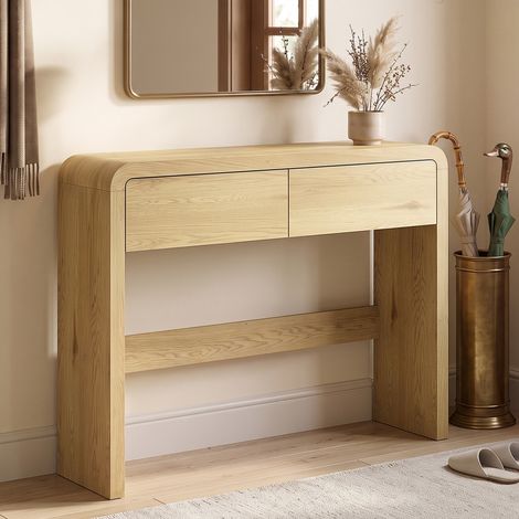 Table Console avec 2 Tiroirs, Console Meuble, 100 x 30 x 85 cm, Coins Arrondis et Plateau Épais, Bois Naturel (1/5)