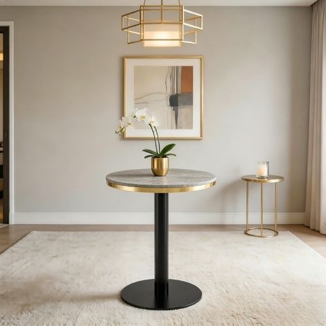 Mesa auxiliar redonda de 60x73,7 cm, mesa de centro para salón o balcón, tablero con efecto gris, estructura de metal negro (1/5)