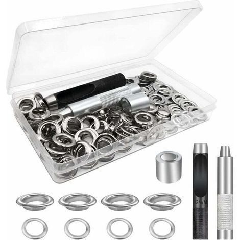 Kit d'écrous à outils, kit de 100 œillets, œillets de bâche, kit d'œillets pour tente de réparation de bâche en toile argentée 12 mm (diamètre intérieur)