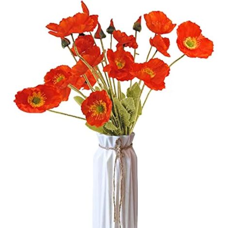Lot de 5 fleurs artificielles à longues tiges de coquelicots pour décoration de vase et maison, mariage (orange) (1/4)