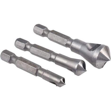 Ensemble d'outils de fraisage et d'ébavurage,3 pièces ensembles d'outils de poinçonnage central à 90 degrés pour mèches à bois en métal à chanfrein de fraisage avec tige hexagonale de 1/4pouce