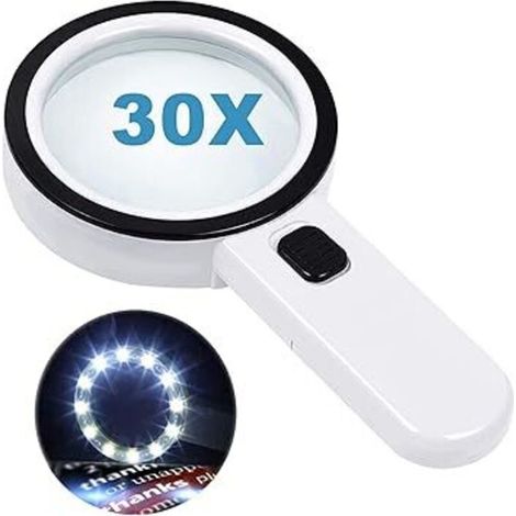 Loupe à main avec 12 LED, lentille double en verre grossissante 30x